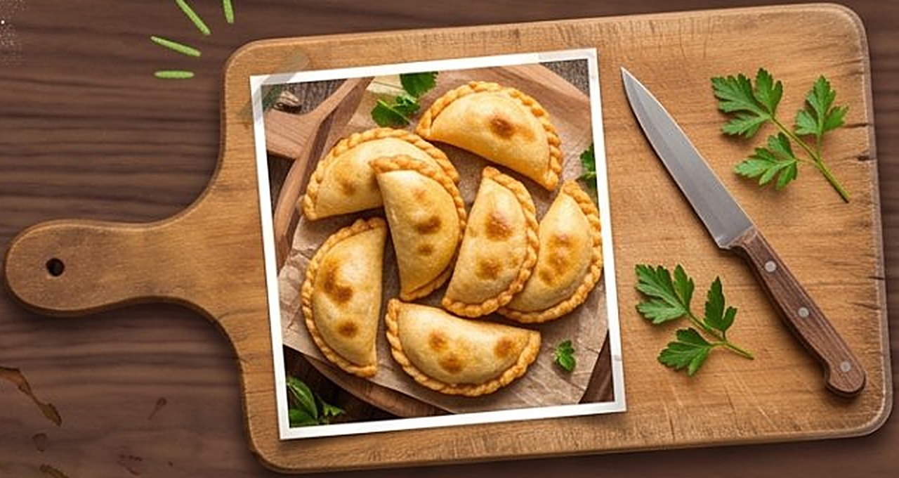 Empanadas criollas recién horneadas sobre una tabla de madera, con un cuchillo y ramitas de perejil