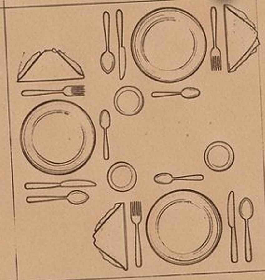 Esquema dibujado a mano de una mesa puesta para cuatro: platos, copas, servilletas y cubiertos vistos desde arriba
